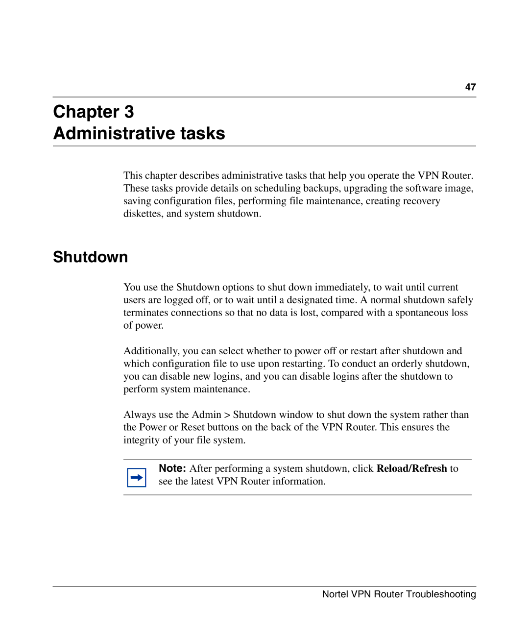 Nortel Networks NN46110-602 manual Chapter Administrative tasks, Shutdown 