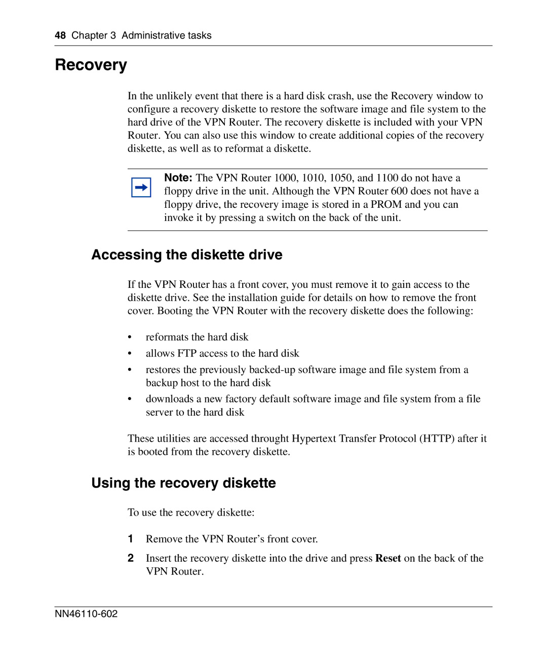 Nortel Networks NN46110-602 manual Recovery, Accessing the diskette drive, Using the recovery diskette 