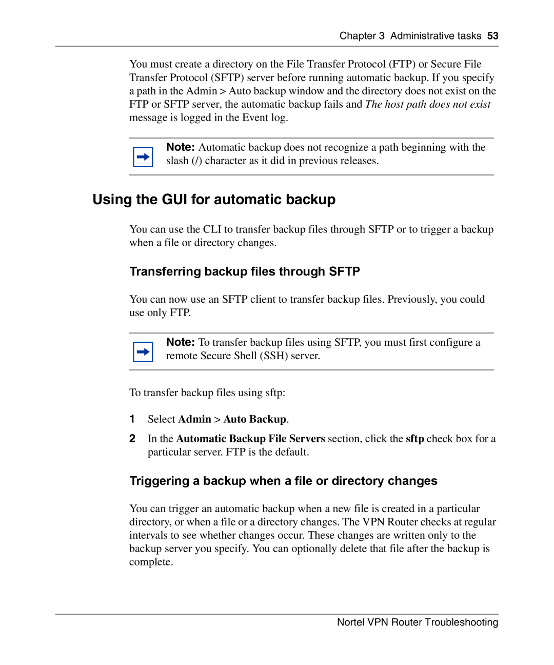 Nortel Networks NN46110-602 manual Using the GUI for automatic backup, Transferring backup files through Sftp 