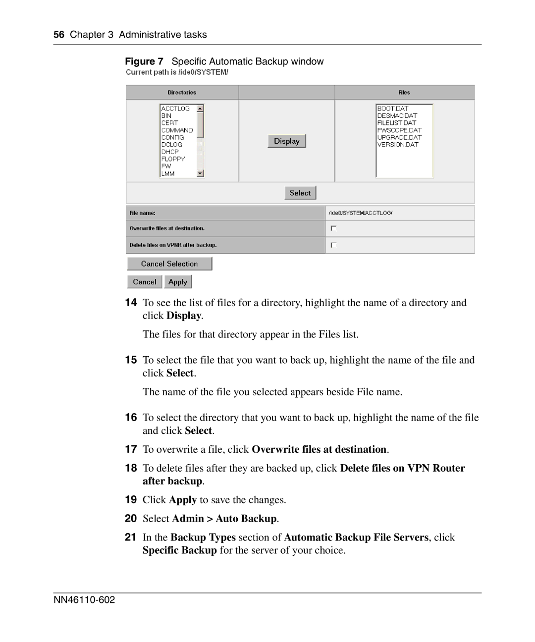 Nortel Networks NN46110-602 To overwrite a file, click Overwrite files at destination, Specific Automatic Backup window 