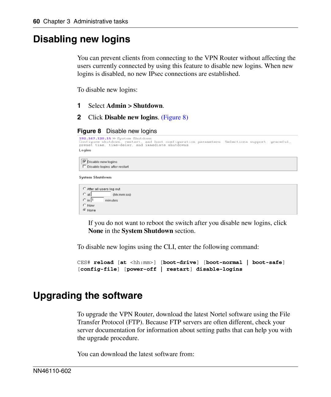 Nortel Networks NN46110-602 manual Disabling new logins, Upgrading the software 