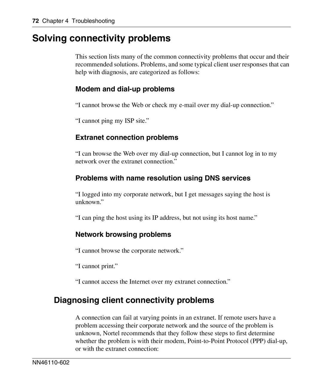 Nortel Networks NN46110-602 manual Solving connectivity problems, Diagnosing client connectivity problems 