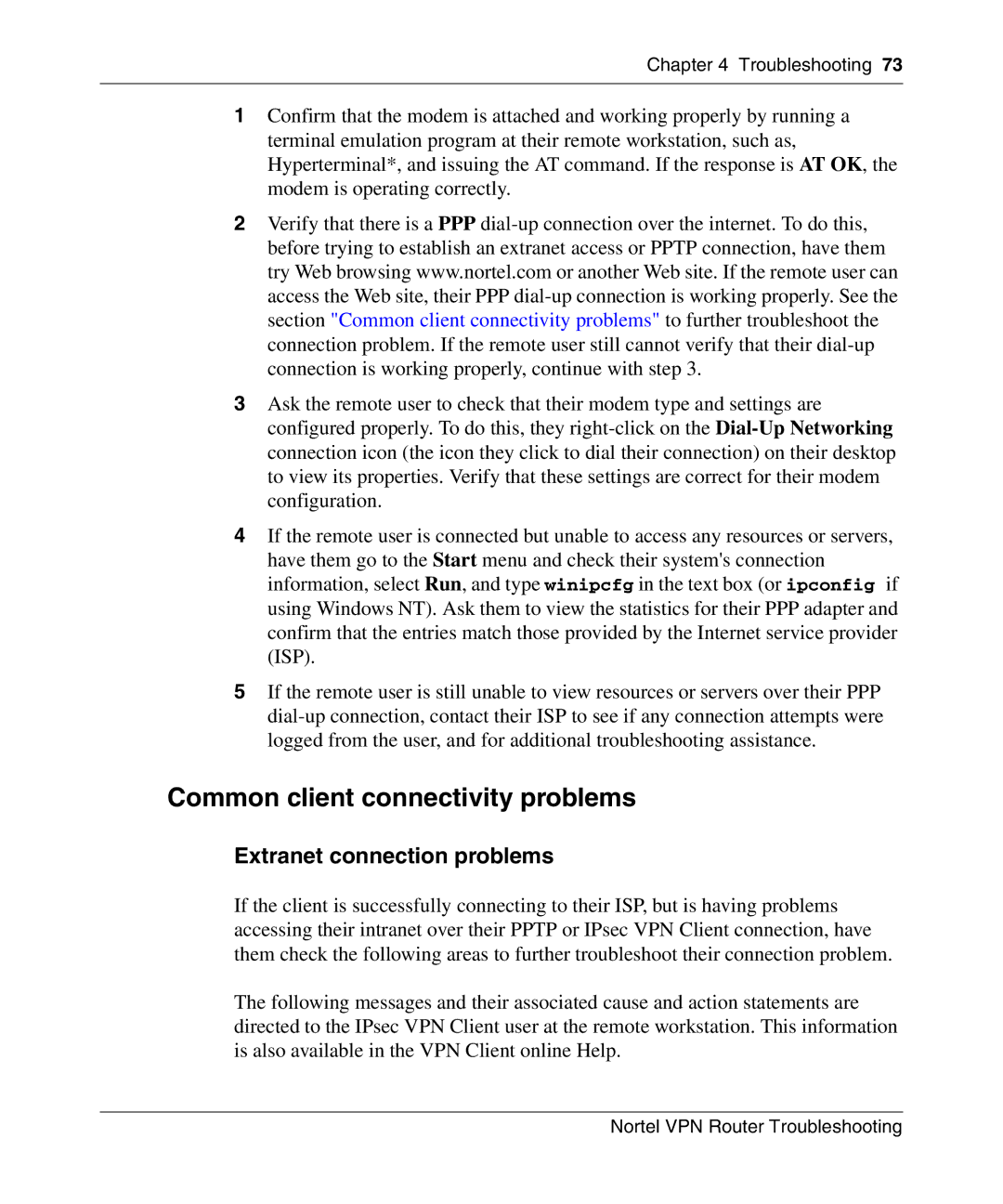 Nortel Networks NN46110-602 manual Common client connectivity problems 