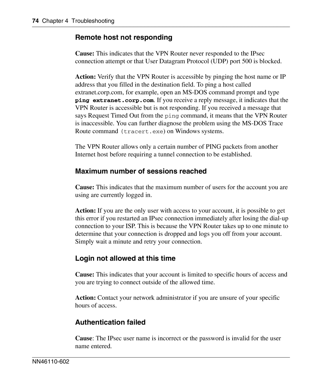 Nortel Networks NN46110-602 Remote host not responding, Maximum number of sessions reached, Login not allowed at this time 