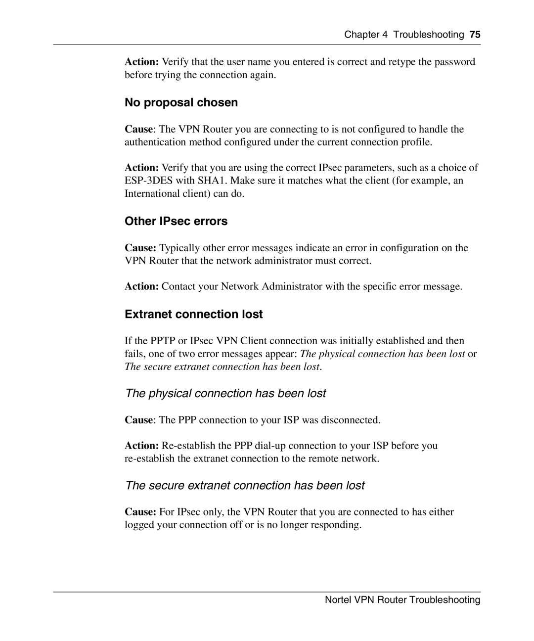 Nortel Networks NN46110-602 manual No proposal chosen, Other IPsec errors, Extranet connection lost 