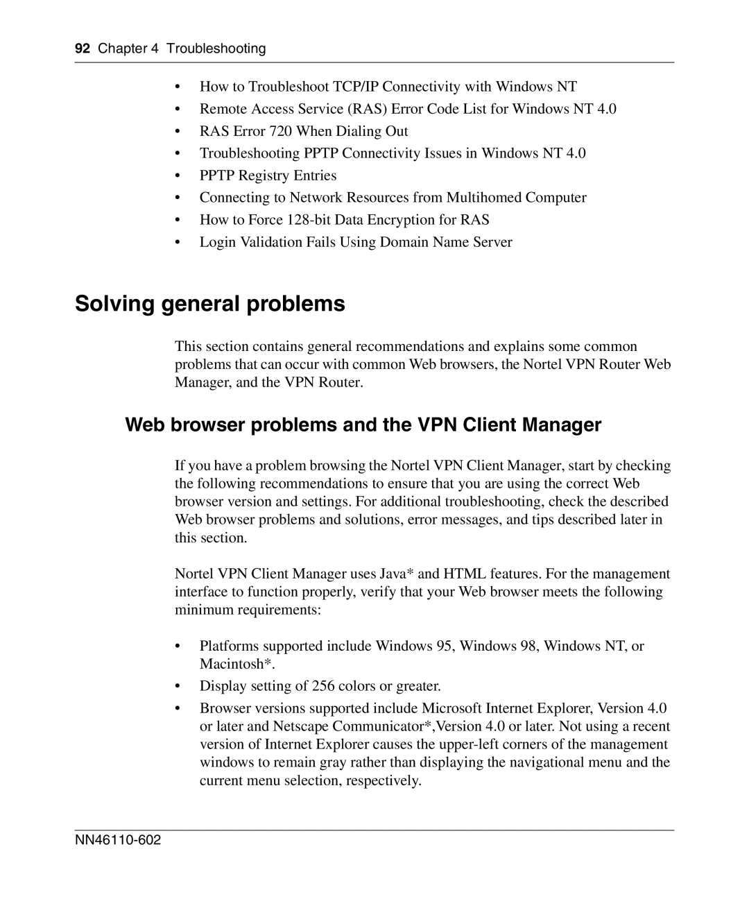 Nortel Networks NN46110-602 manual Solving general problems, Web browser problems and the VPN Client Manager 