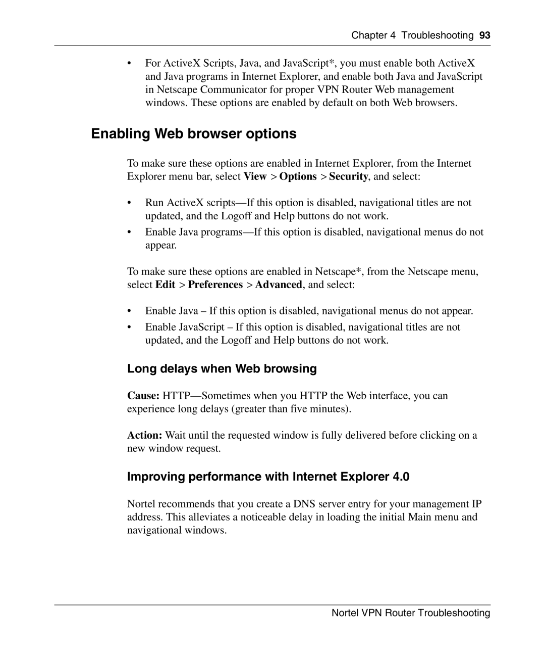 Nortel Networks NN46110-602 manual Enabling Web browser options, Long delays when Web browsing 