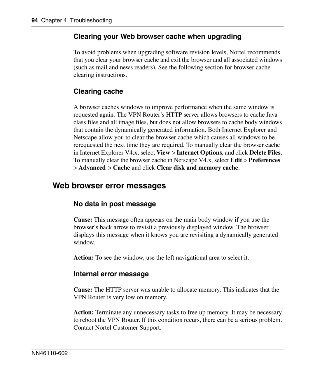 Nortel Networks NN46110-602 Web browser error messages, Clearing your Web browser cache when upgrading, Clearing cache 