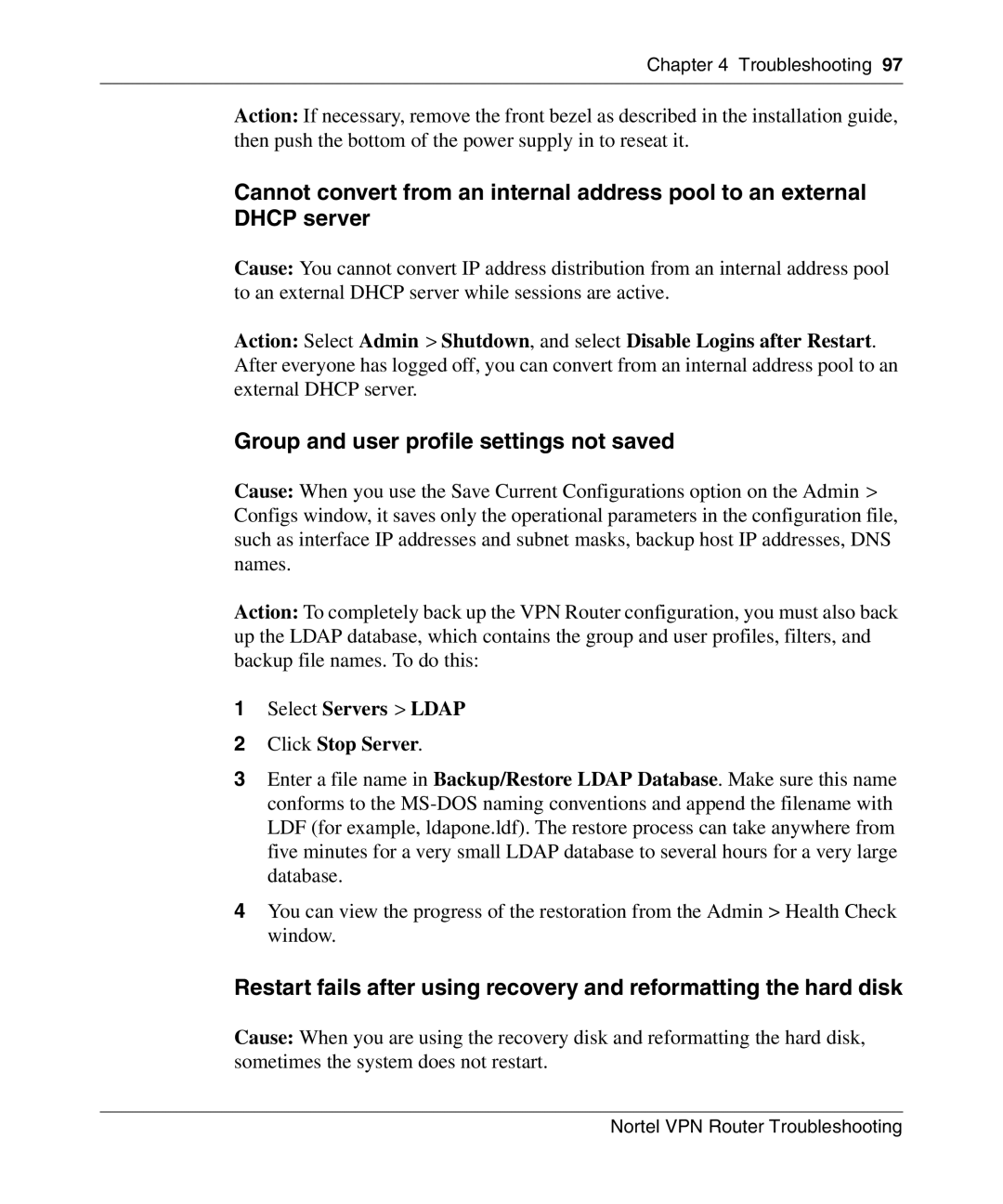 Nortel Networks NN46110-602 manual Group and user profile settings not saved, Select Servers Ldap Click Stop Server 