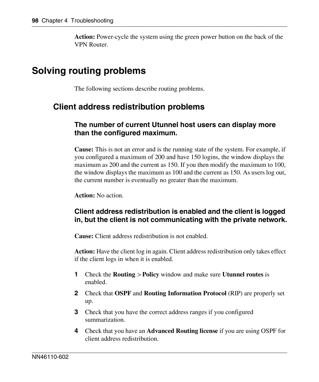 Nortel Networks NN46110-602 manual Solving routing problems, Client address redistribution problems 