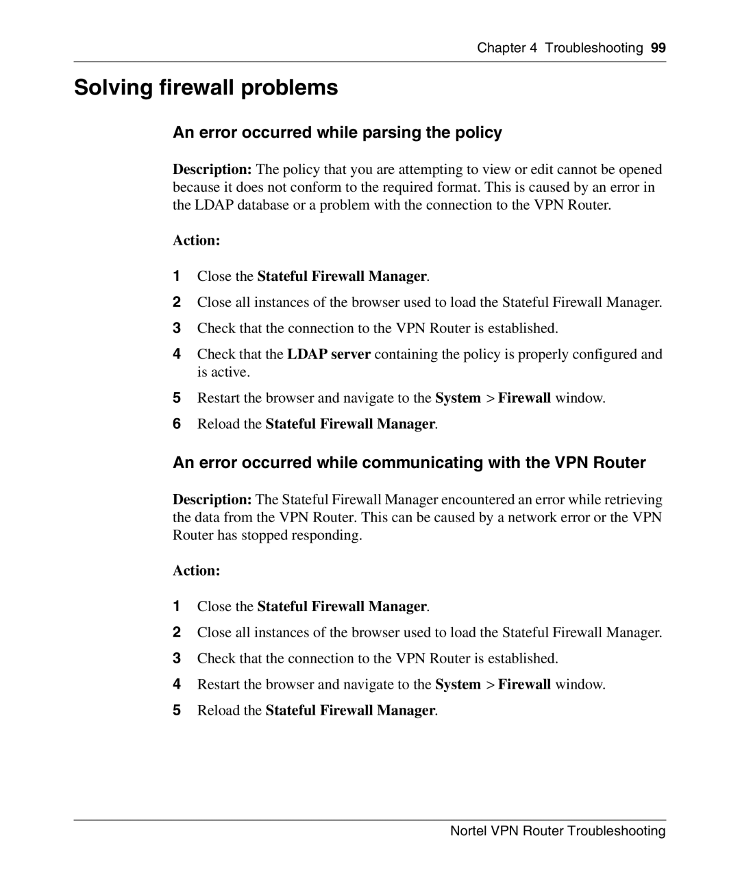 Nortel Networks NN46110-602 manual Solving firewall problems, An error occurred while parsing the policy 