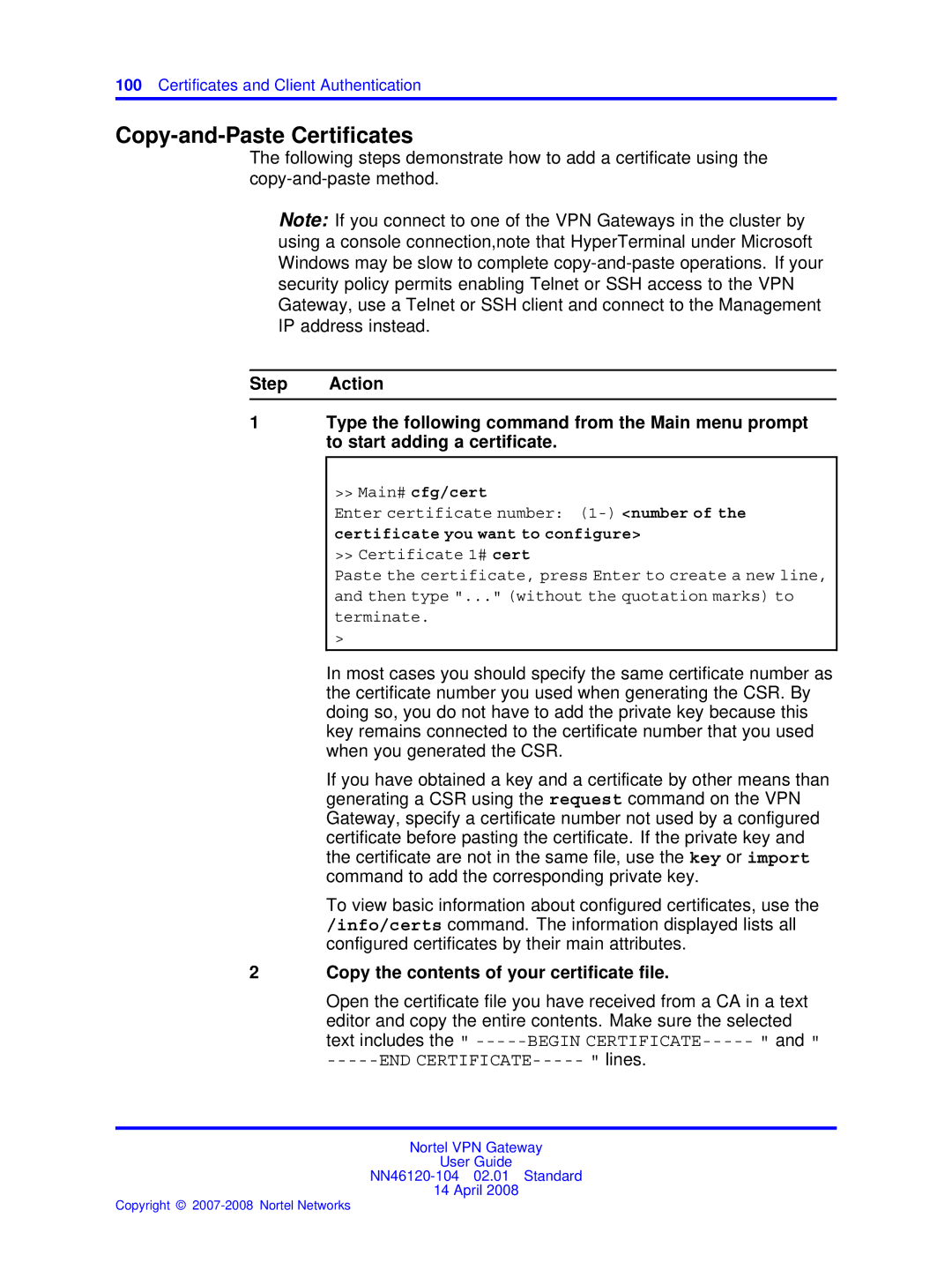 Nortel Networks NN46120-104 manual Copy-and-Paste Certiﬁcates, Copy the contents of your certificate file 