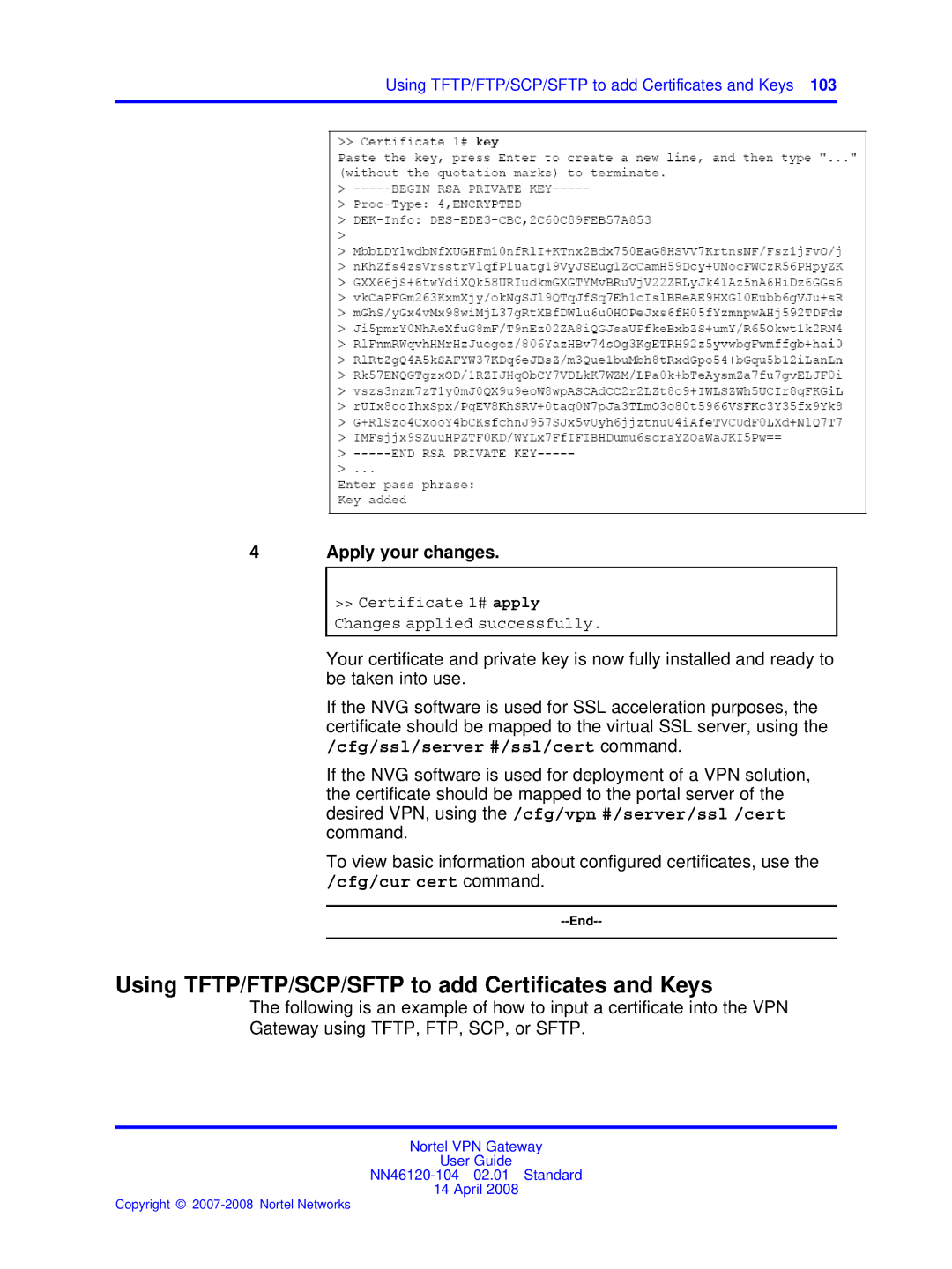 Nortel Networks NN46120-104 manual Using TFTP/FTP/SCP/SFTP to add Certiﬁcates and Keys 