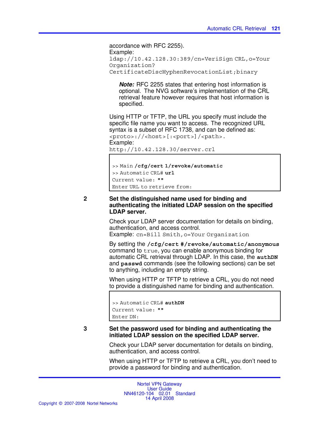 Nortel Networks NN46120-104 manual Http//10.42.128.30/server.crl, Main /cfg/cert 1/revoke/automatic 