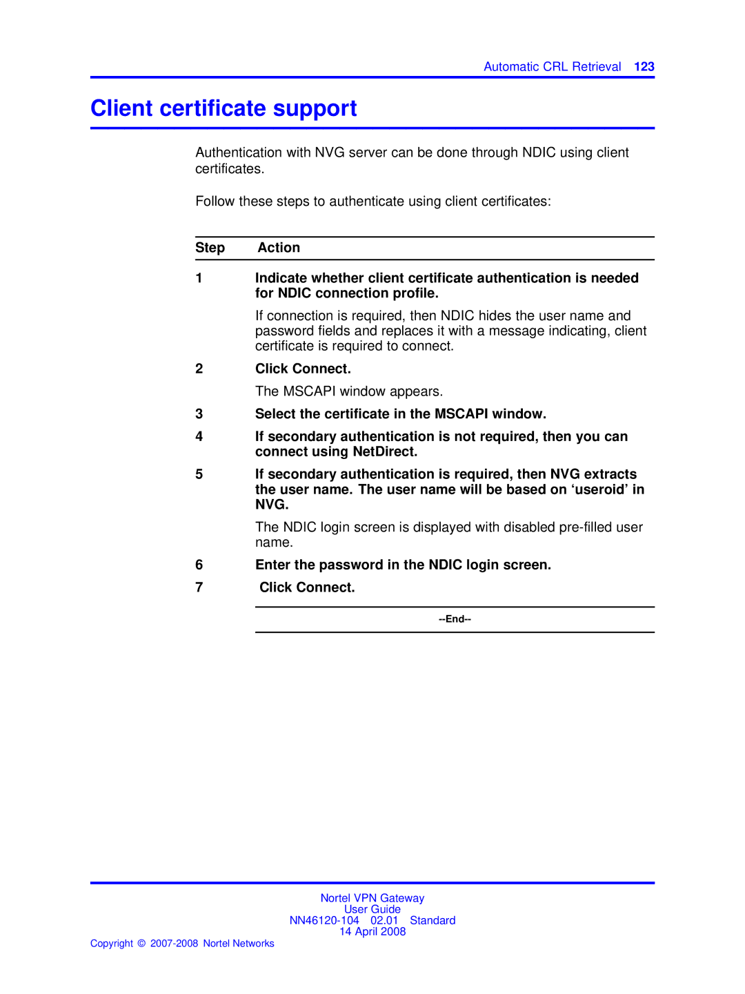 Nortel Networks NN46120-104 manual Client certiﬁcate support, Click Connect 