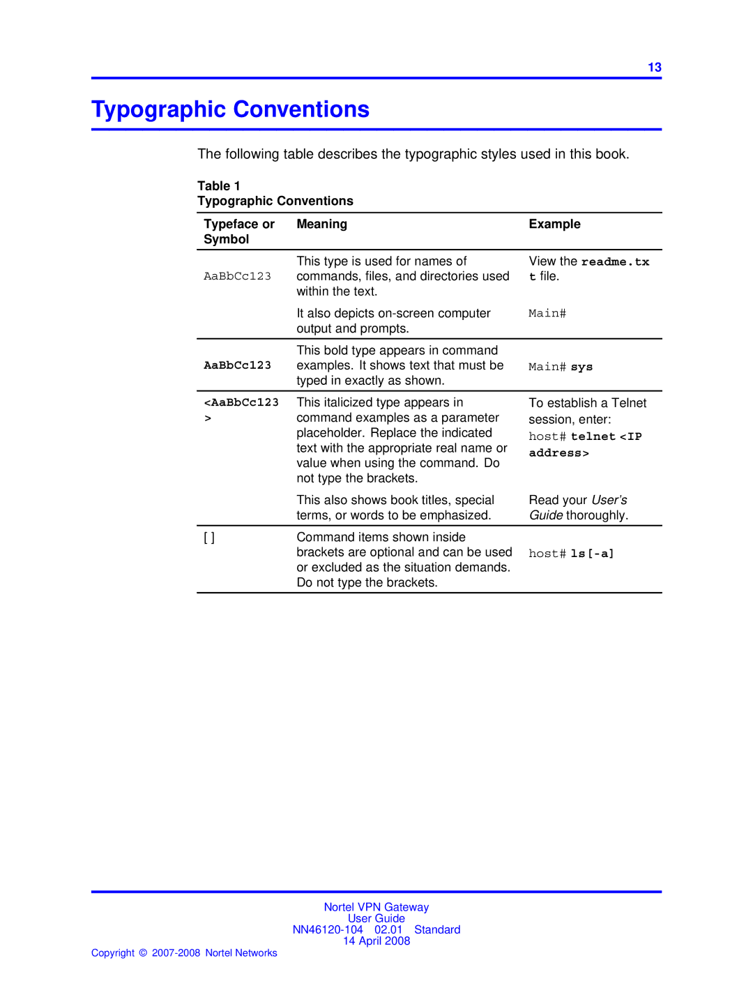 Nortel Networks NN46120-104 manual Typographic Conventions, AaBbCc123, Host# telnet IP Address 