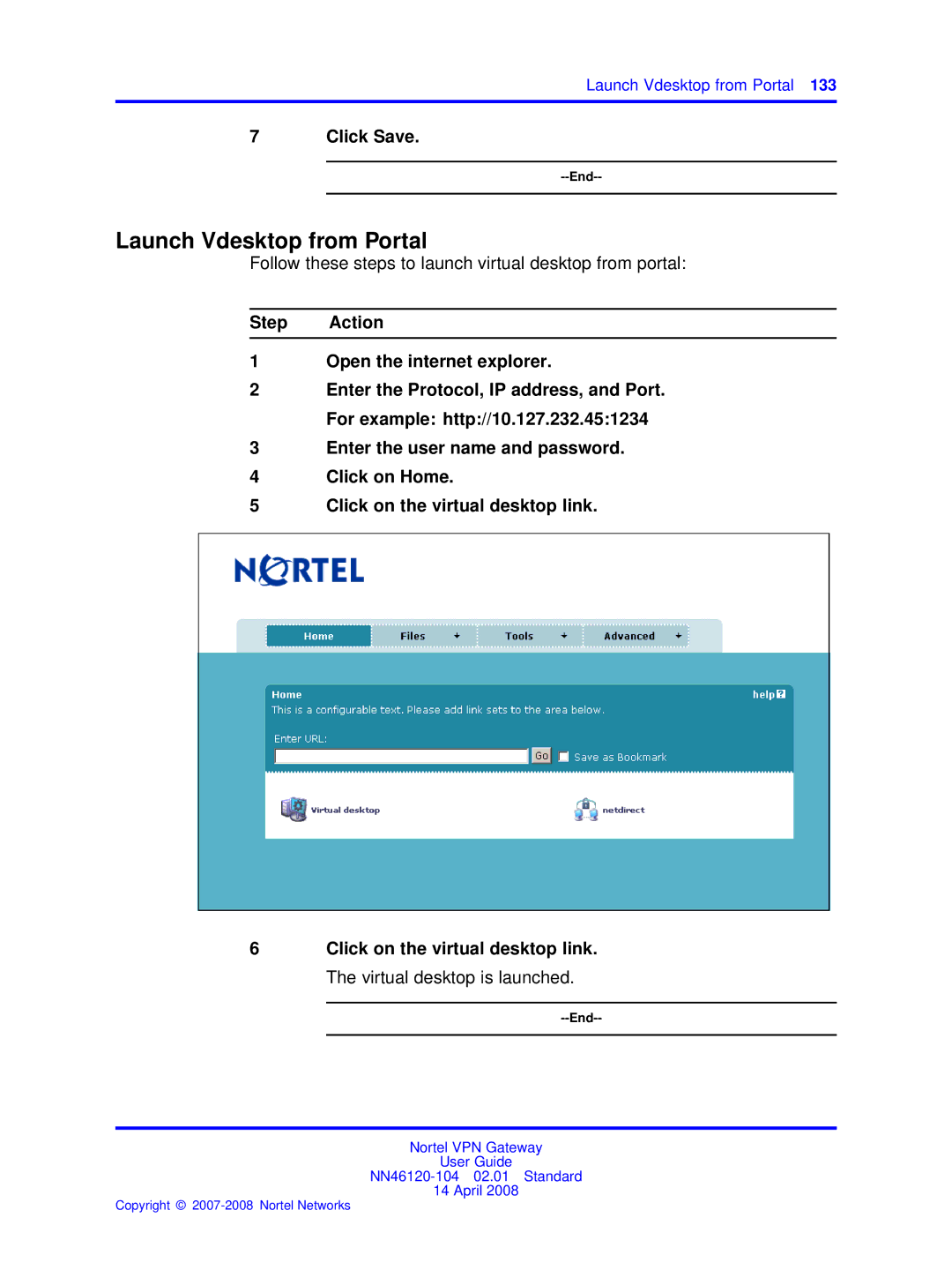 Nortel Networks NN46120-104 manual Launch Vdesktop from Portal, Click Save 