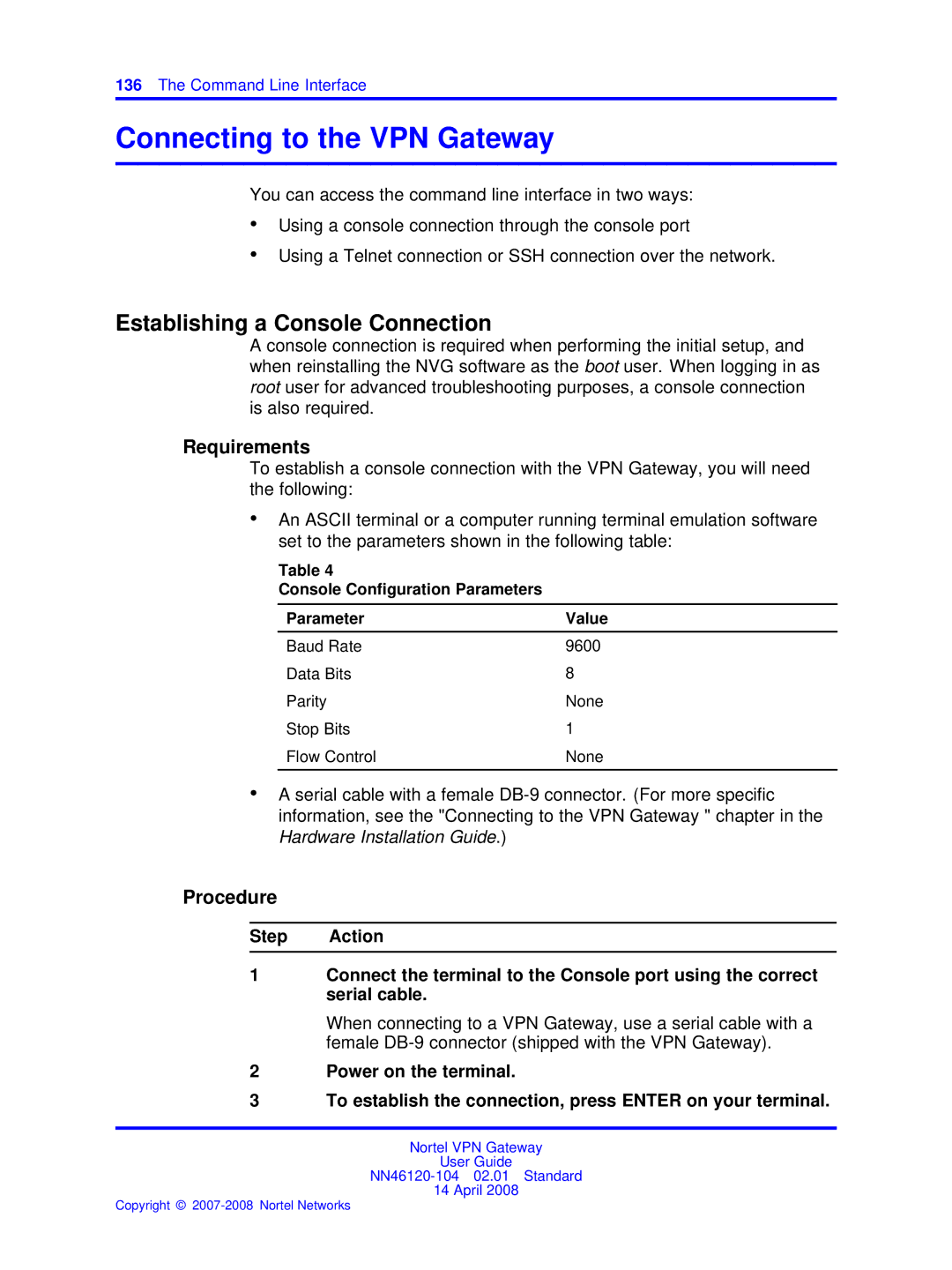 Nortel Networks NN46120-104 Connecting to the VPN Gateway, Establishing a Console Connection, Requirements, Procedure 