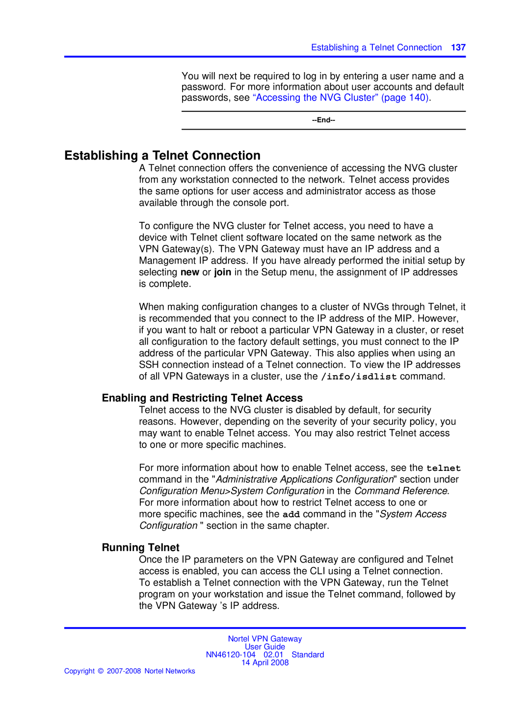 Nortel Networks NN46120-104 manual Establishing a Telnet Connection, Enabling and Restricting Telnet Access, Running Telnet 