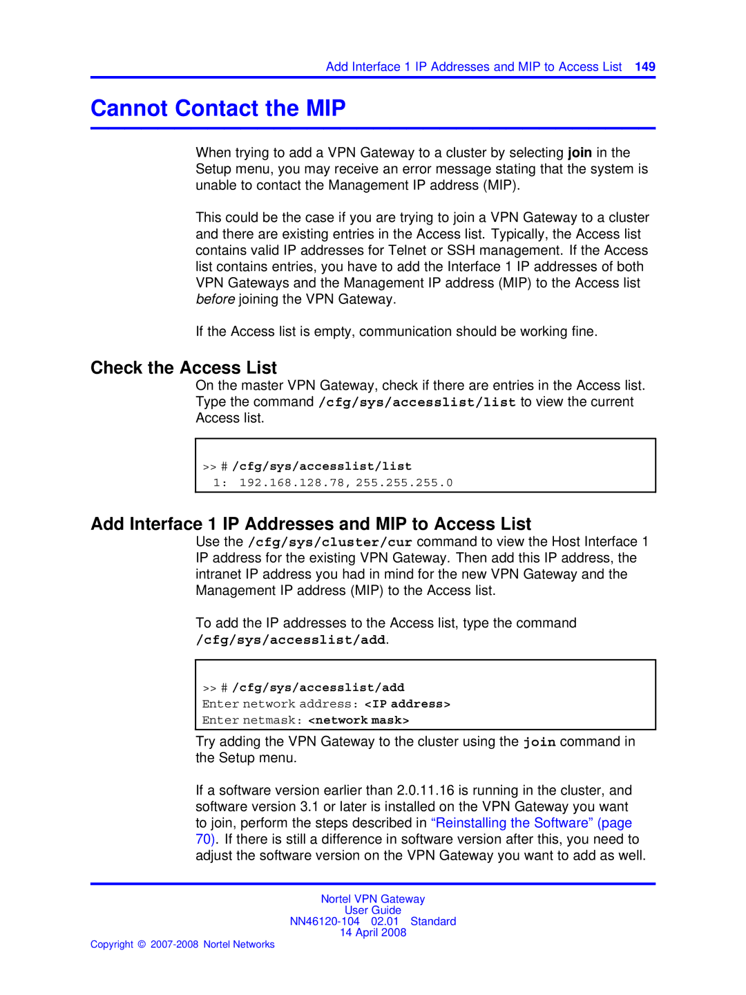 Nortel Networks NN46120-104 manual Cannot Contact the MIP, Add Interface 1 IP Addresses and MIP to Access List 