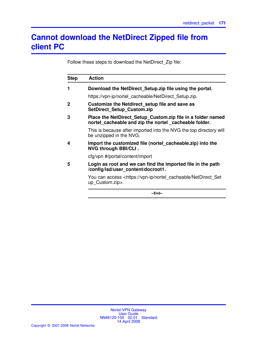 Nortel Networks NN46120-104 manual Cannot download the NetDirect Zipped ﬁle from client PC 