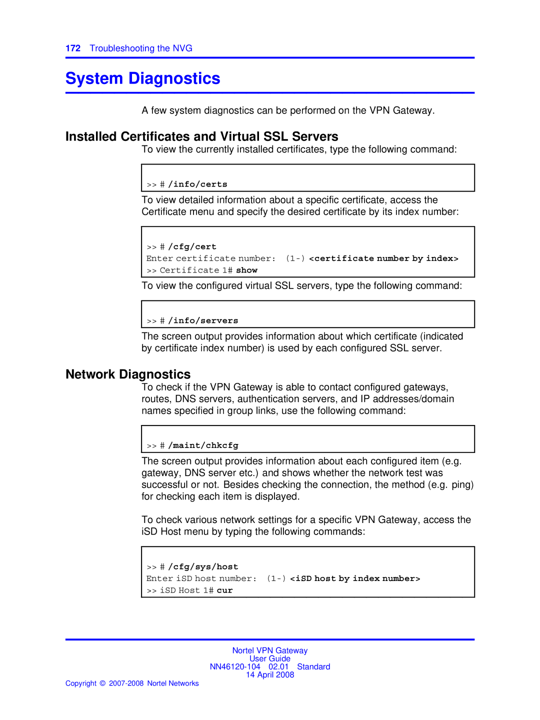 Nortel Networks NN46120-104 manual System Diagnostics, Installed Certiﬁcates and Virtual SSL Servers, Network Diagnostics 