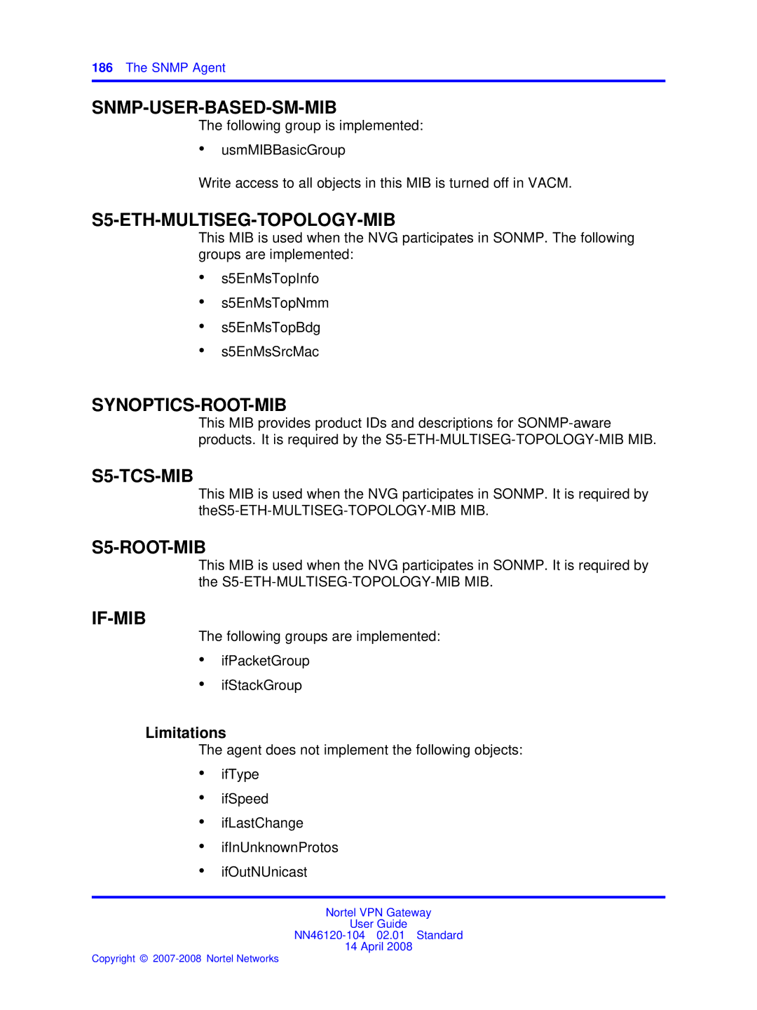 Nortel Networks NN46120-104 manual Snmp-User-Based-Sm-Mib, Limitations 