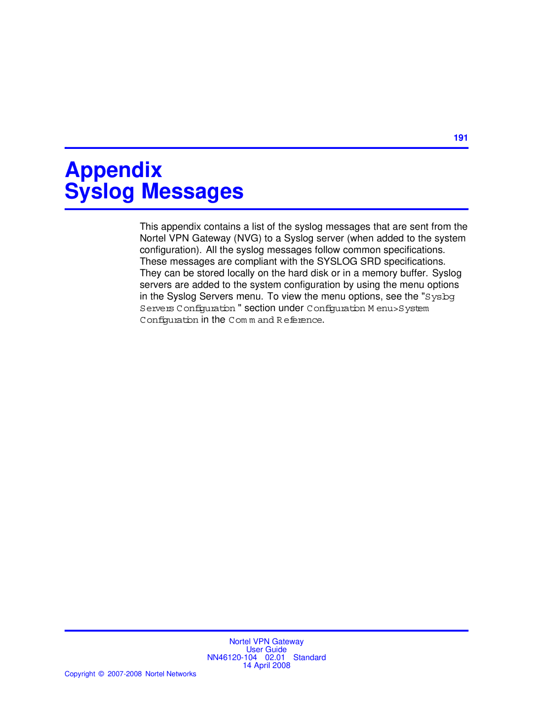 Nortel Networks NN46120-104 manual Appendix Syslog Messages 