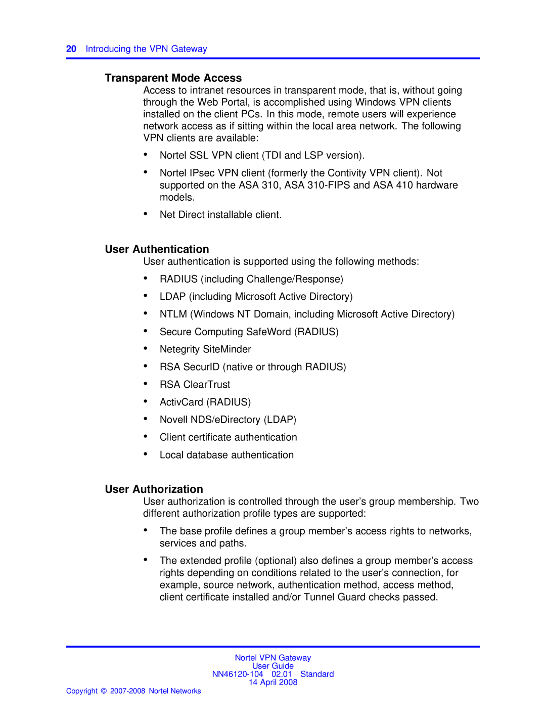 Nortel Networks NN46120-104 manual Transparent Mode Access, User Authentication, User Authorization 