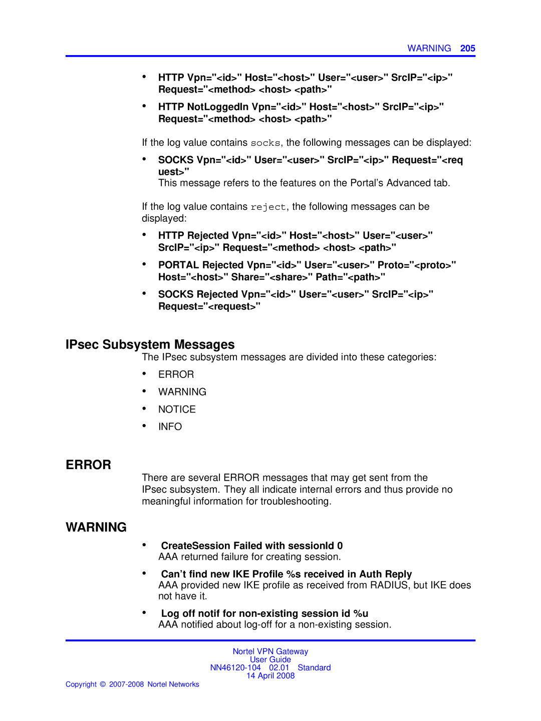 Nortel Networks NN46120-104 manual IPsec Subsystem Messages 