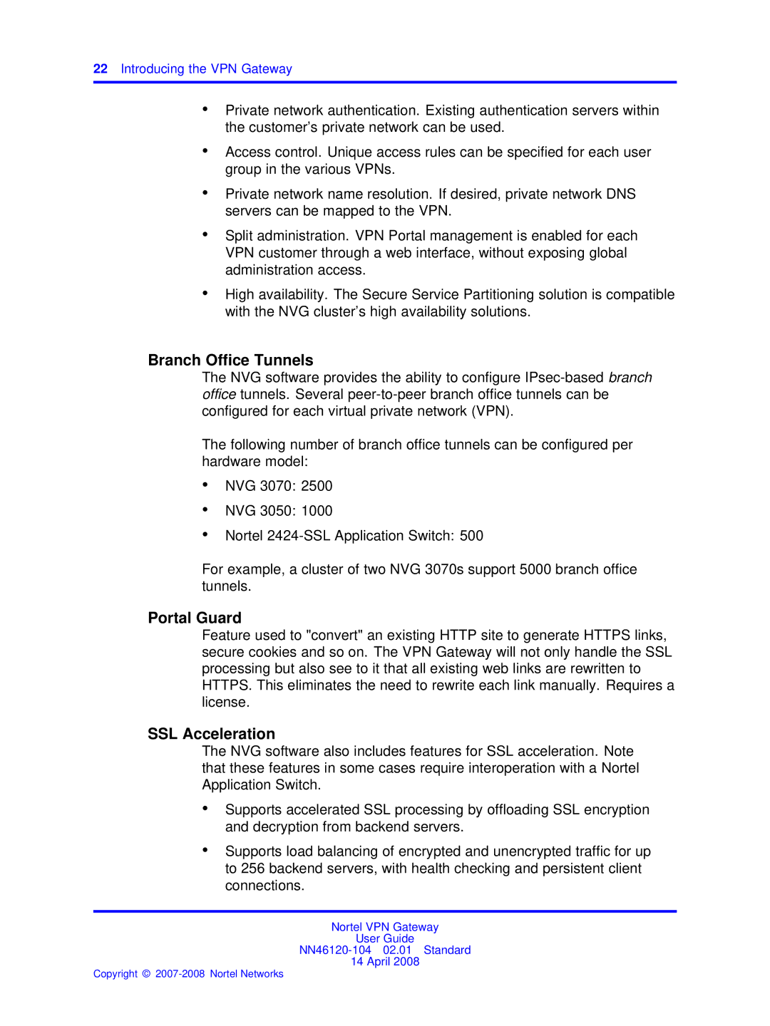 Nortel Networks NN46120-104 manual Branch Office Tunnels, Portal Guard, SSL Acceleration 