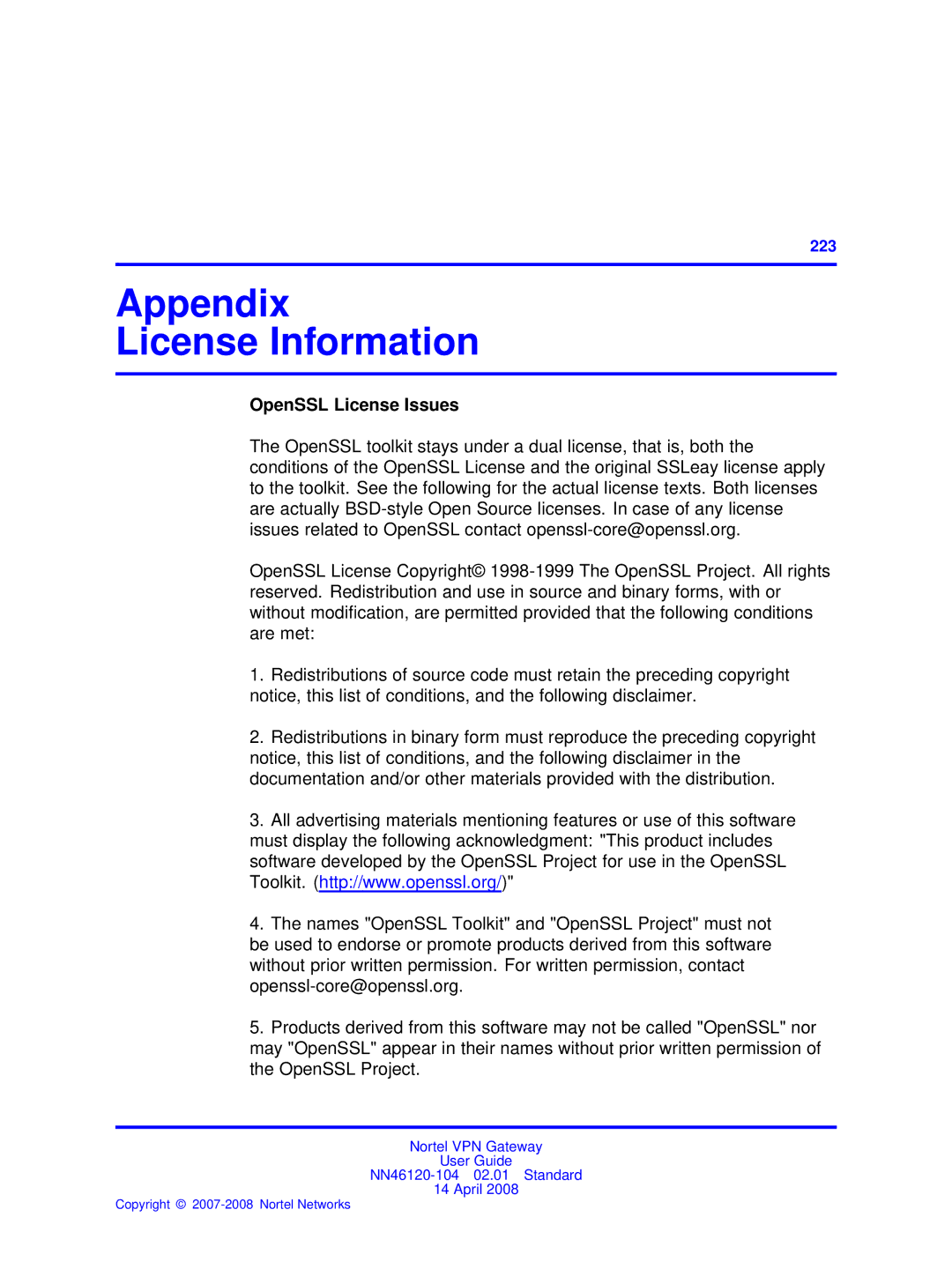 Nortel Networks NN46120-104 manual Appendix License Information, OpenSSL License Issues 