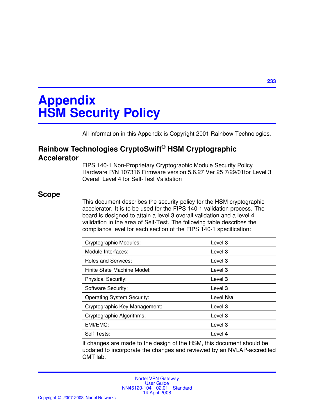 Nortel Networks NN46120-104 manual Appendix HSM Security Policy, Scope 