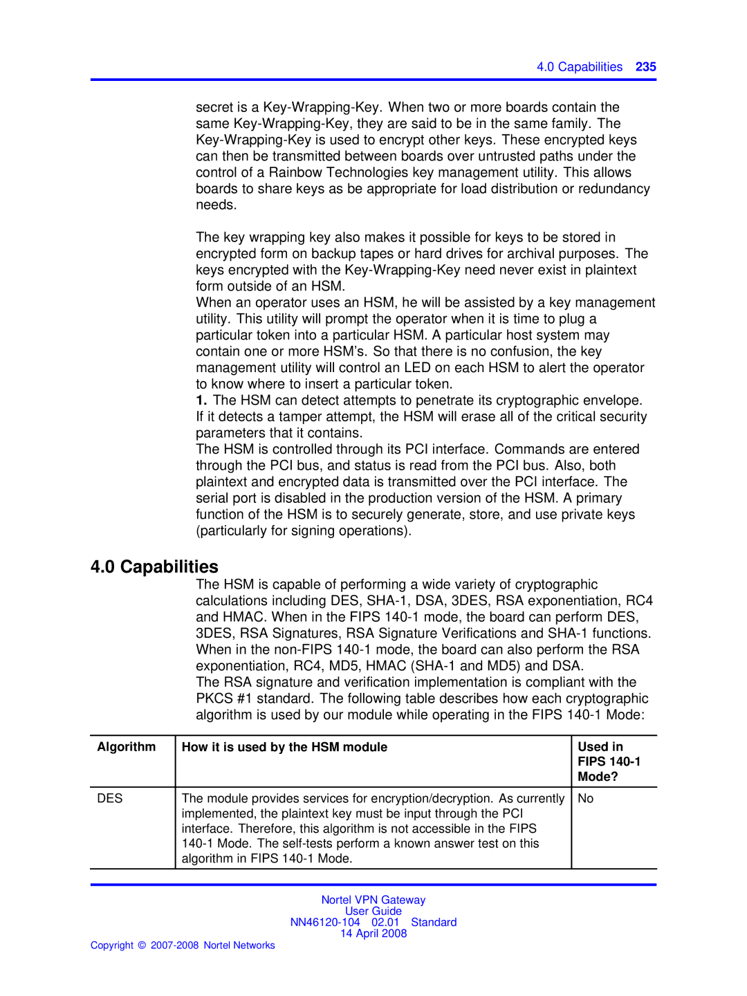 Nortel Networks NN46120-104 manual Capabilities, Algorithm How it is used by the HSM module Used Fips Mode? 