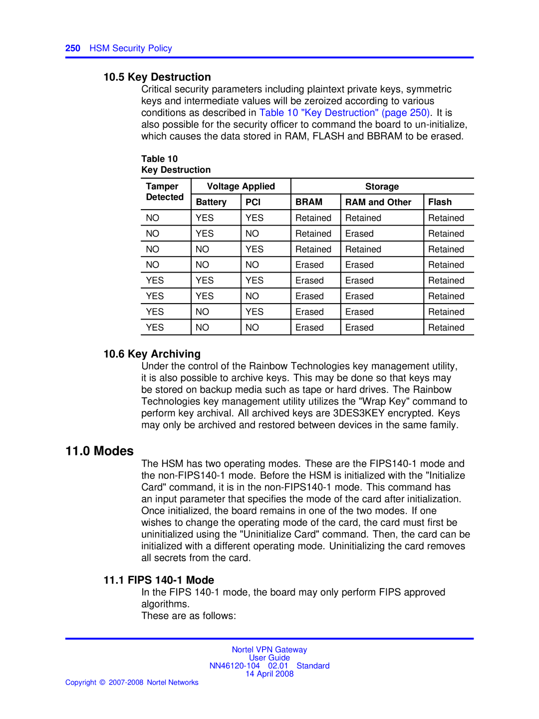Nortel Networks NN46120-104 manual Modes, Key Destruction, Key Archiving, Fips 140-1 Mode 