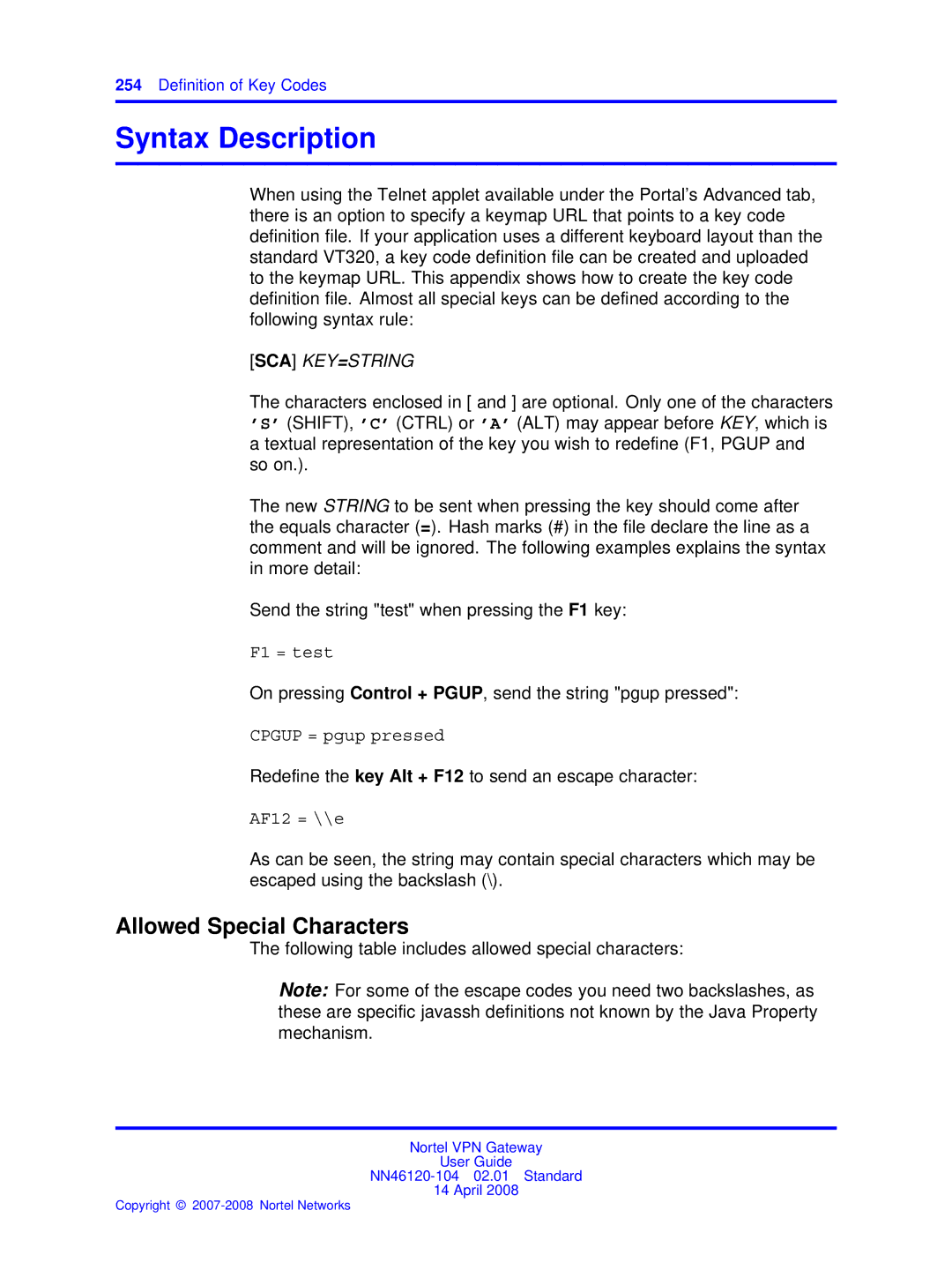 Nortel Networks NN46120-104 manual Syntax Description, Allowed Special Characters 