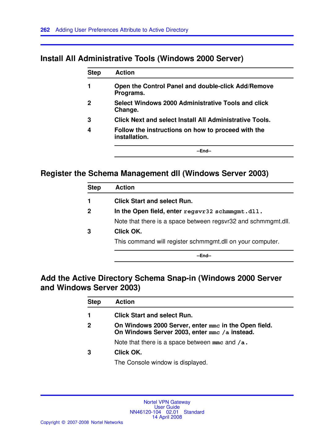 Nortel Networks NN46120-104 Install All Administrative Tools Windows 2000 Server, Step Action Click Start and select Run 