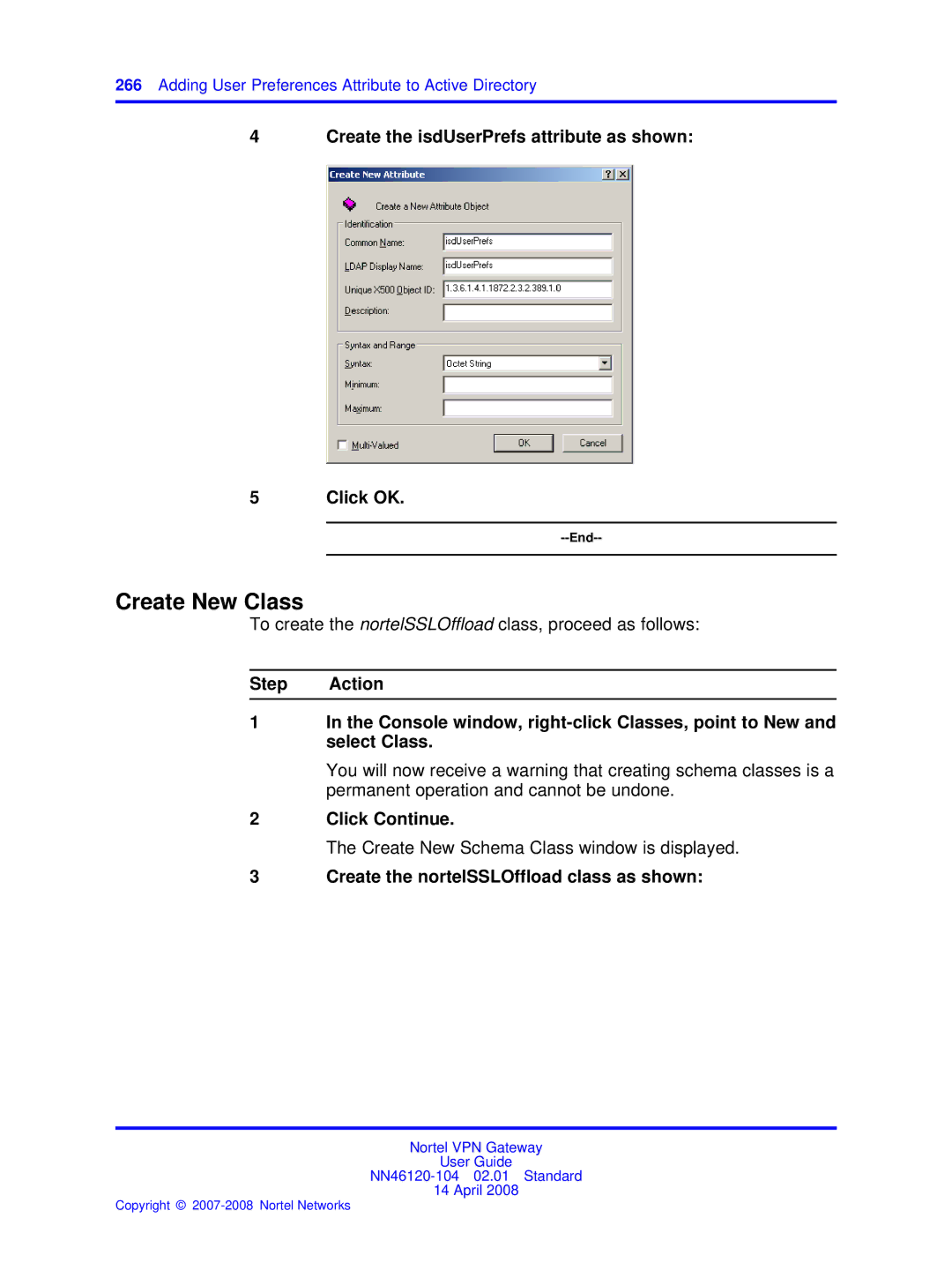 Nortel Networks NN46120-104 manual Create New Class, Create the isdUserPrefs attribute as shown Click OK 