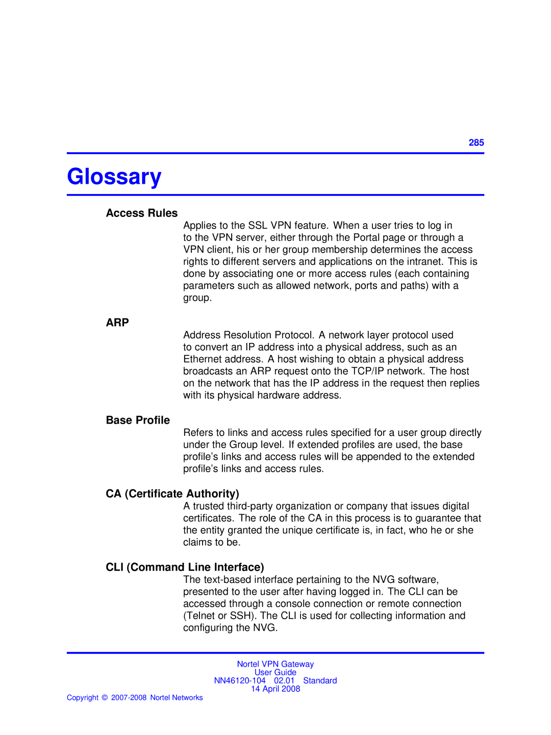 Nortel Networks NN46120-104 Glossary, Access Rules, Base Profile, CA Certificate Authority, CLI Command Line Interface 