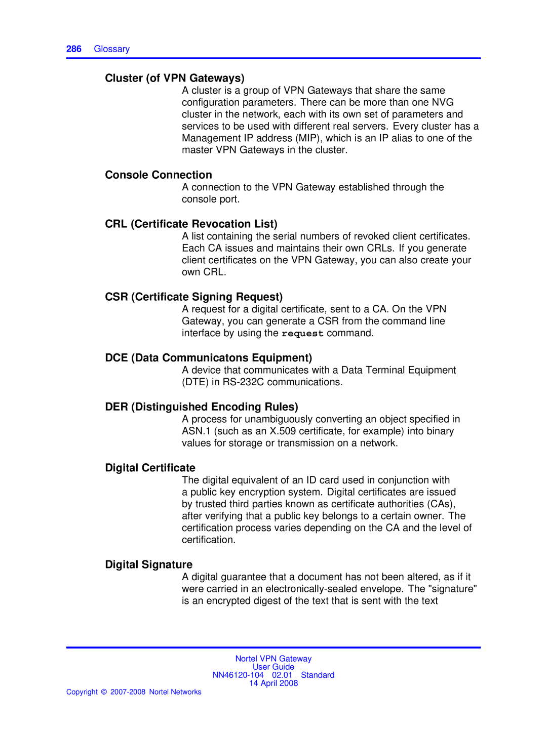 Nortel Networks NN46120-104 manual Cluster of VPN Gateways, Console Connection, CRL Certificate Revocation List 