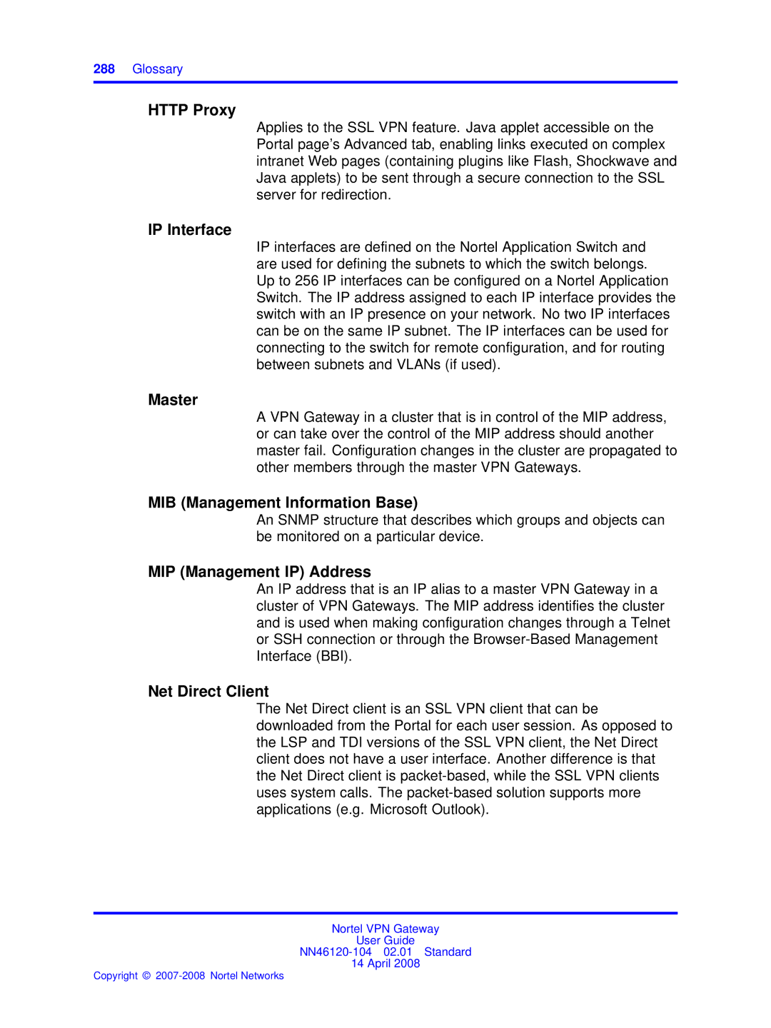 Nortel Networks NN46120-104 Http Proxy, IP Interface, Master, MIB Management Information Base, MIP Management IP Address 