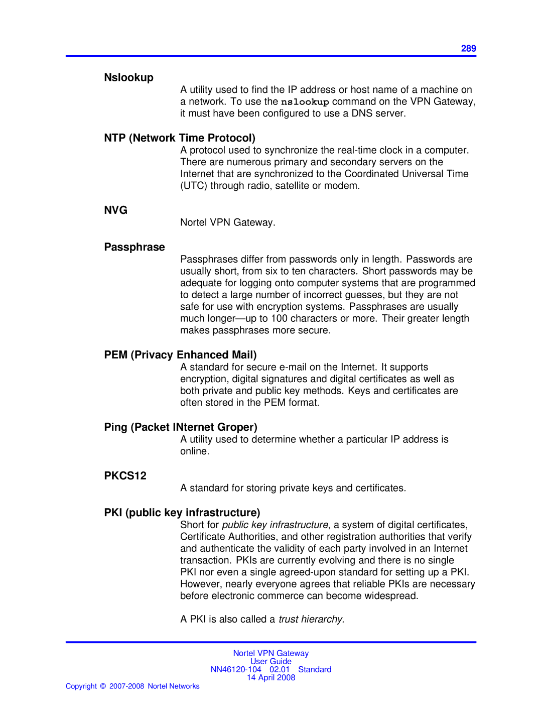 Nortel Networks NN46120-104 manual Nslookup, NTP Network Time Protocol, Passphrase, PEM Privacy Enhanced Mail 