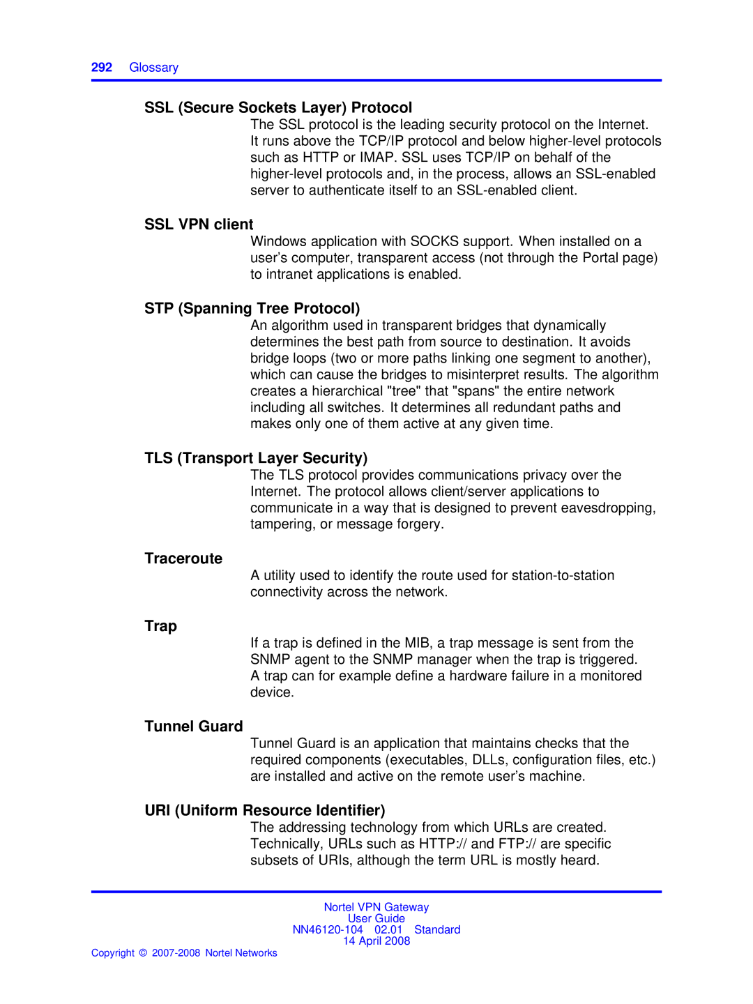 Nortel Networks NN46120-104 SSL Secure Sockets Layer Protocol, SSL VPN client, STP Spanning Tree Protocol, Traceroute 