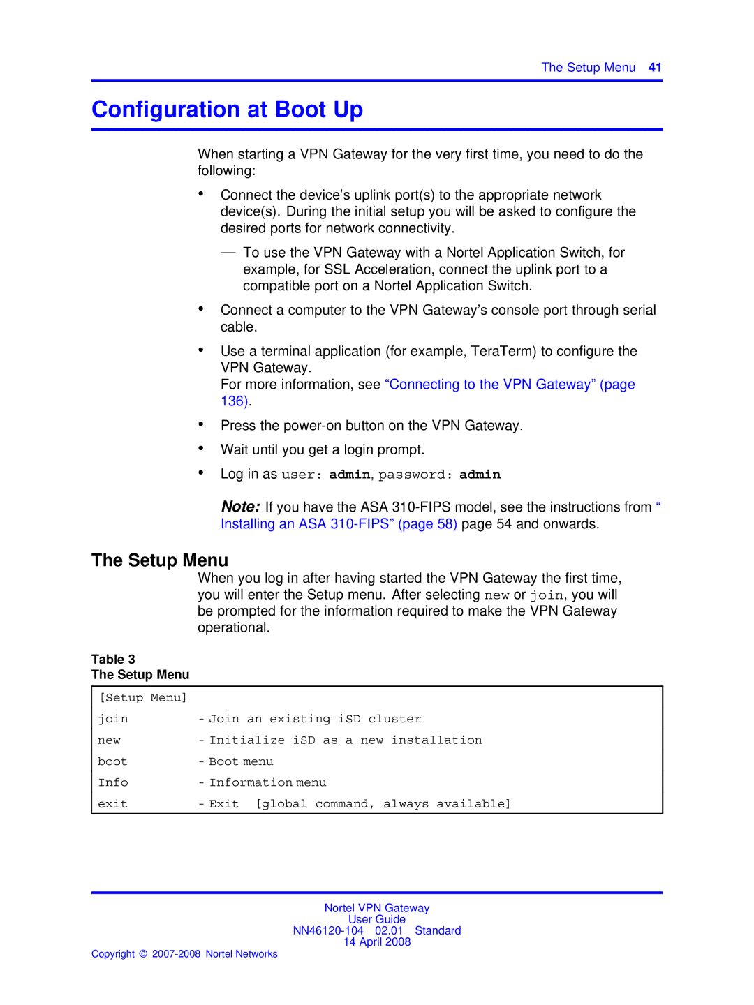 Nortel Networks NN46120-104 manual Conﬁguration at Boot Up, Setup Menu 