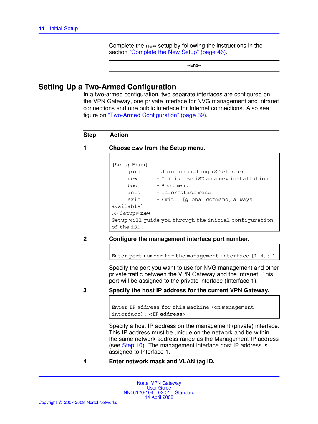 Nortel Networks NN46120-104 manual Setting Up a Two-Armed Conﬁguration, Configure the management interface port number 