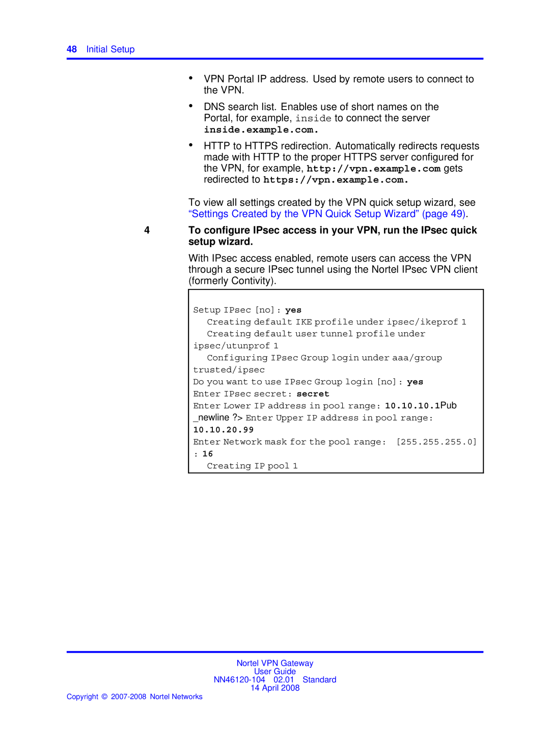 Nortel Networks NN46120-104 manual 10.10.20.99, Enter Network mask for the pool range Creating IP pool 