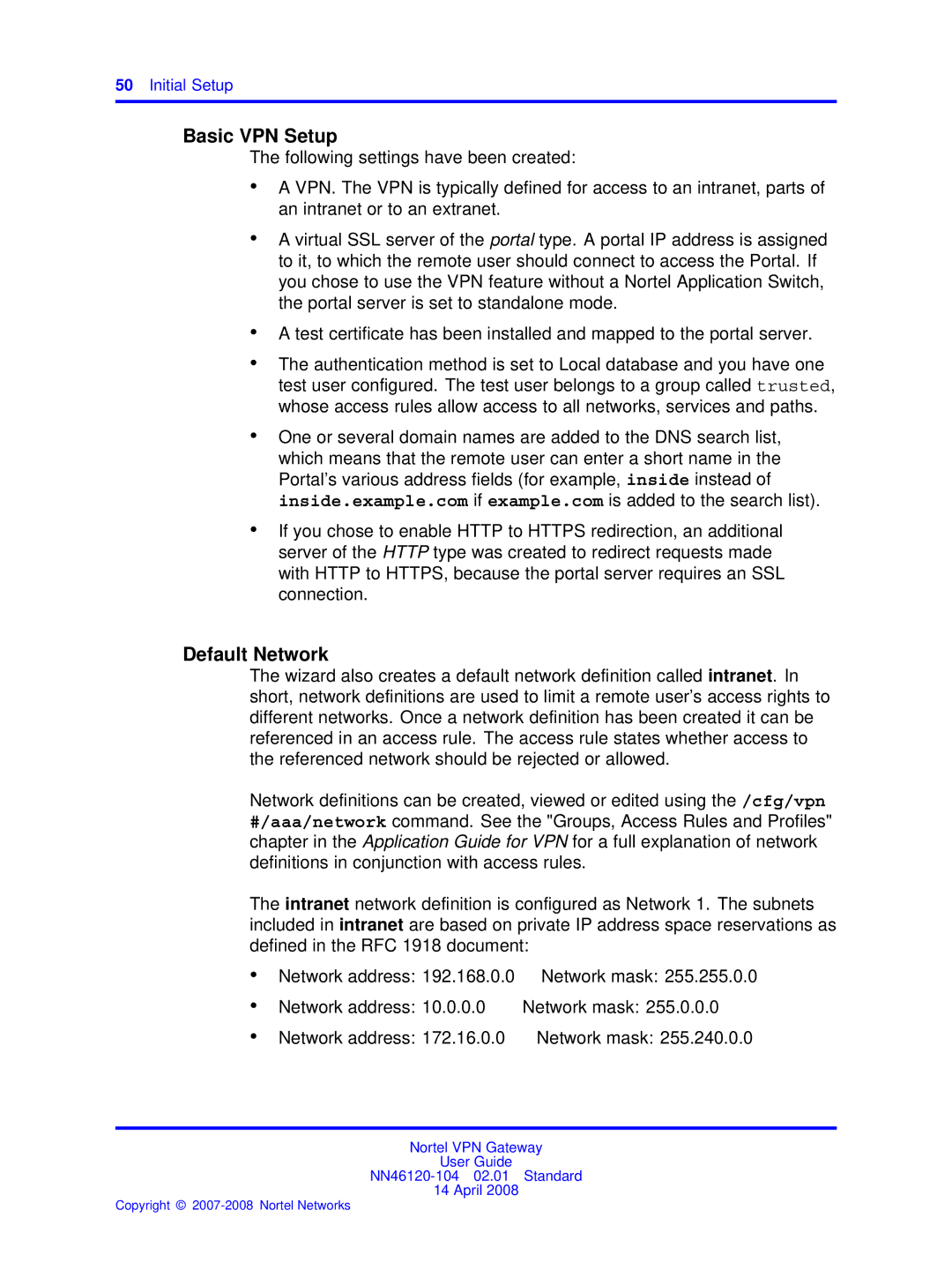 Nortel Networks NN46120-104 manual Basic VPN Setup, Default Network 