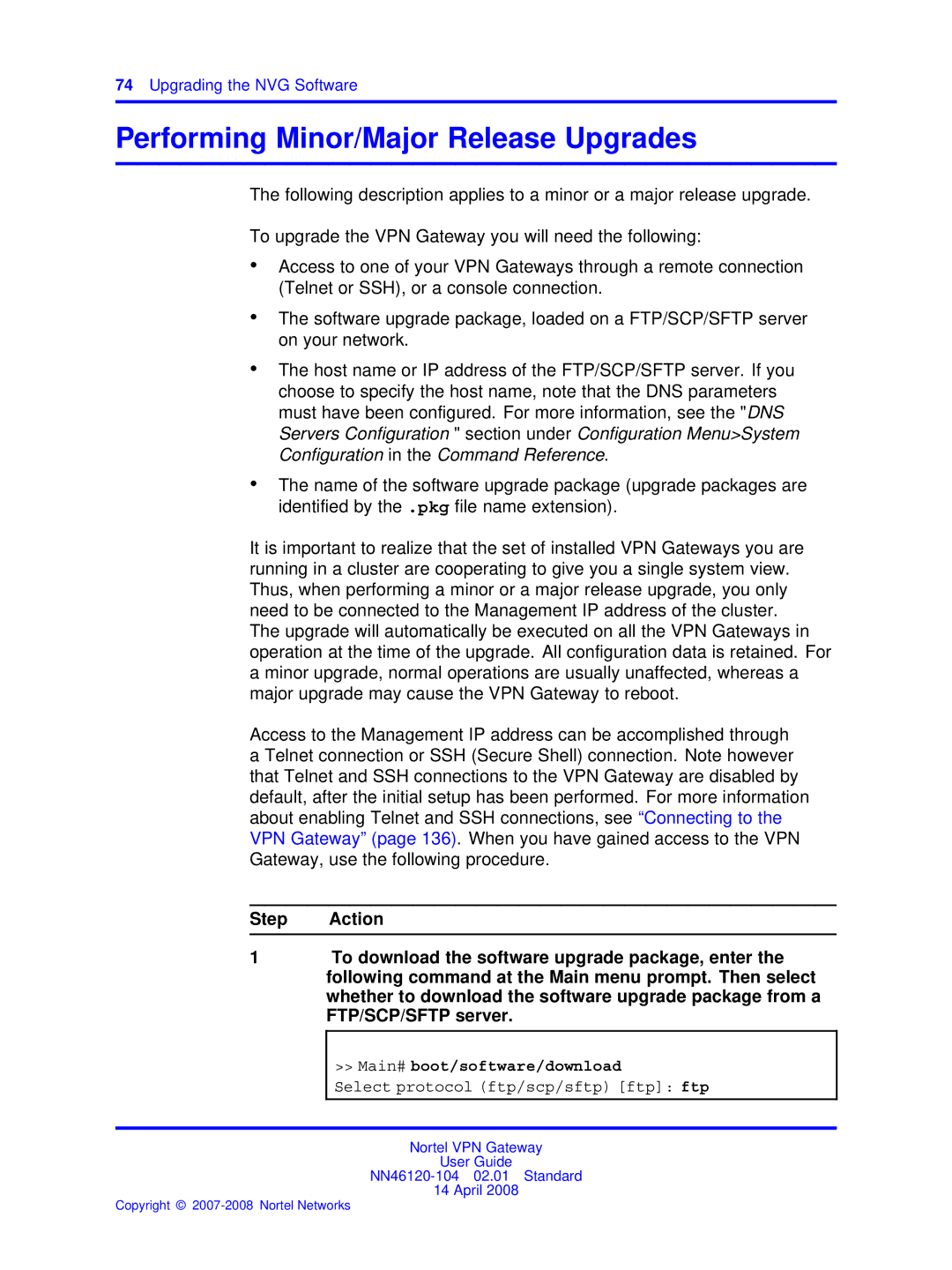 Nortel Networks NN46120-104 manual Performing Minor/Major Release Upgrades, Main# boot/software/download 