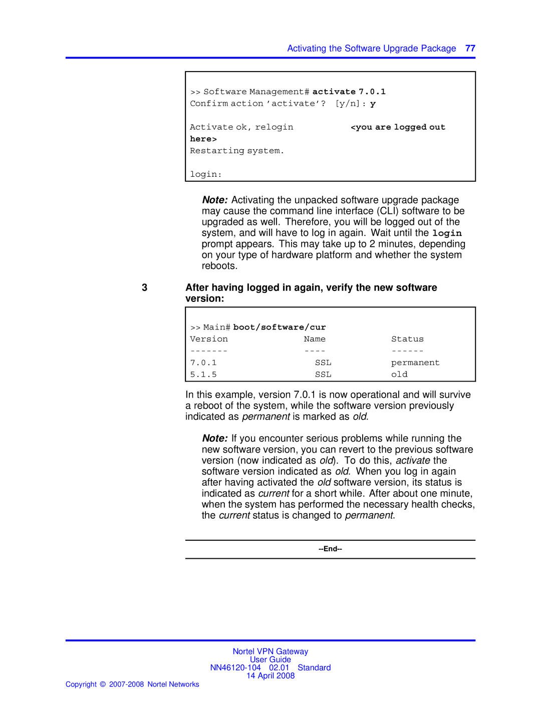 Nortel Networks NN46120-104 manual Activate ok, relogin, Here, Main# boot/software/cur 