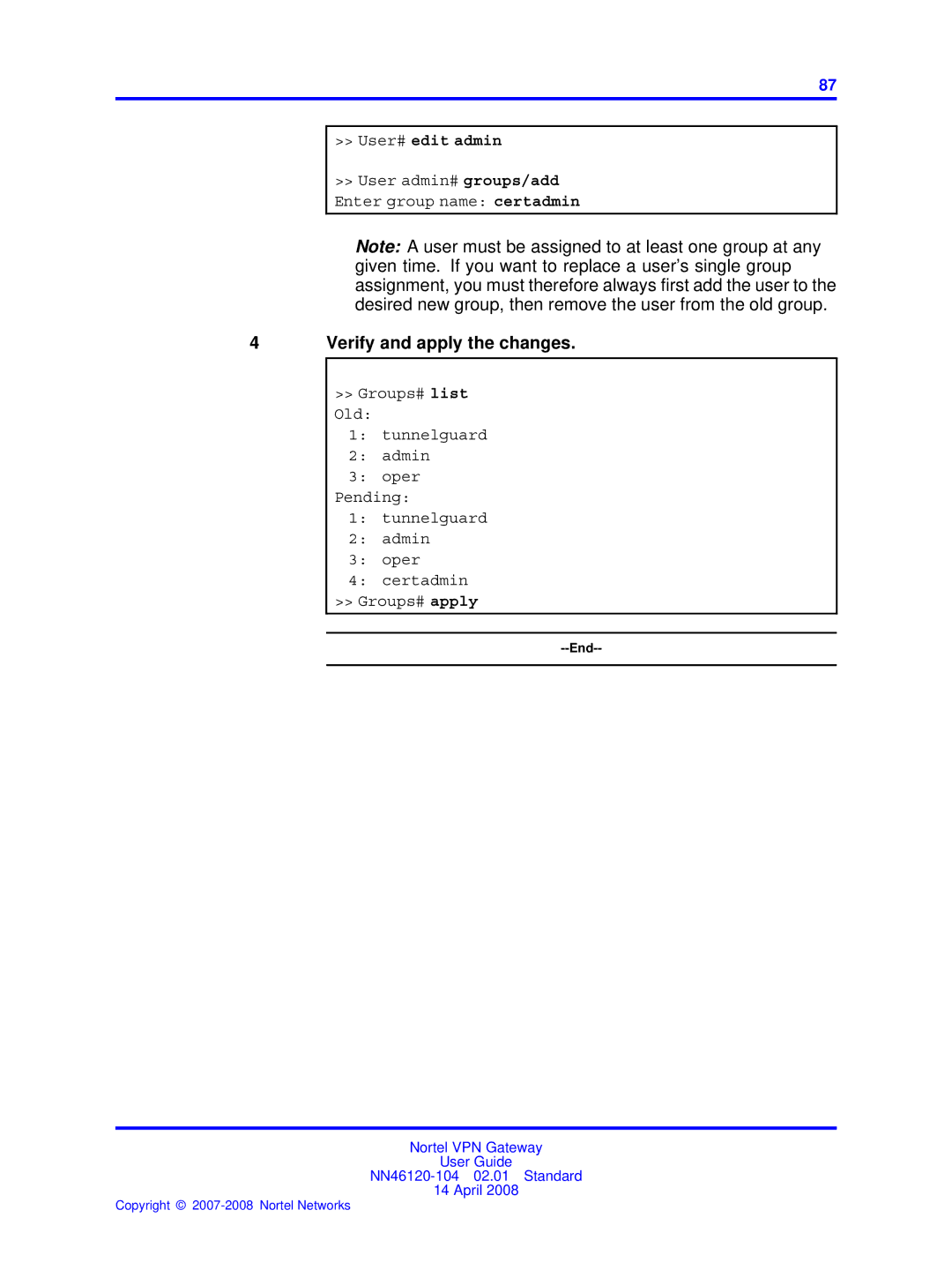 Nortel Networks NN46120-104 manual User admin# groups/add Enter group name certadmin 